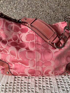 Coach Pink Signature Jacquard Shoulder Bag with Leather Trim